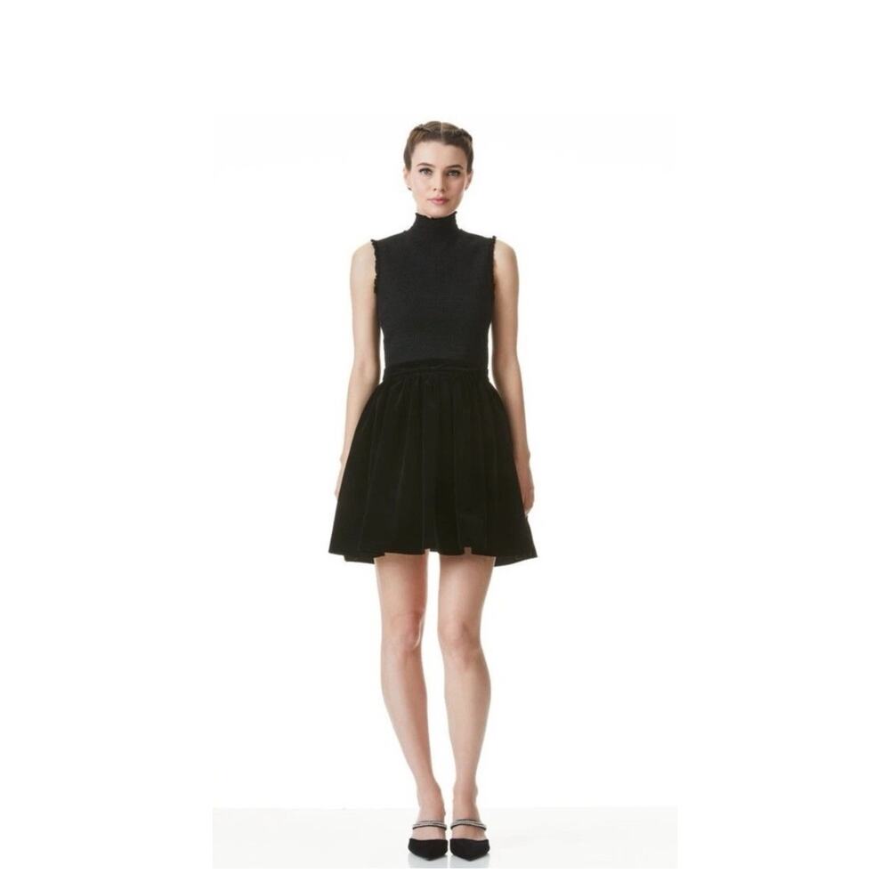 $495 Alice + Olivia Women's Black Velvet Smocked High Neck A-Line Dress Size 8 - Picture 3 of 12